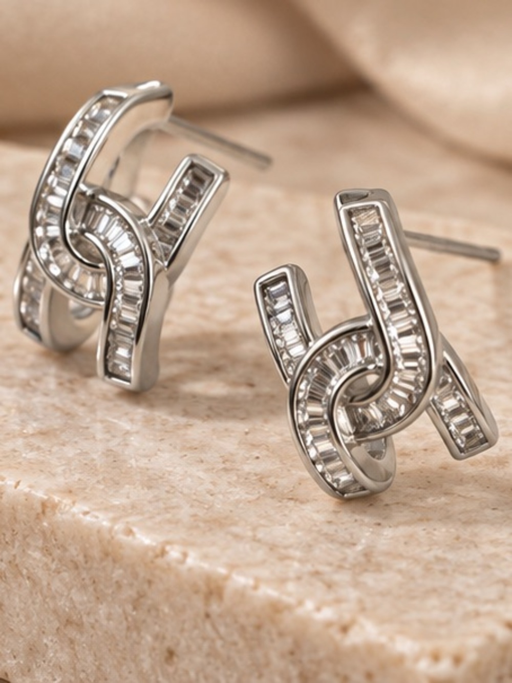 Silver Baguette Crystal Knot Statement Earrings | Designer Inspired